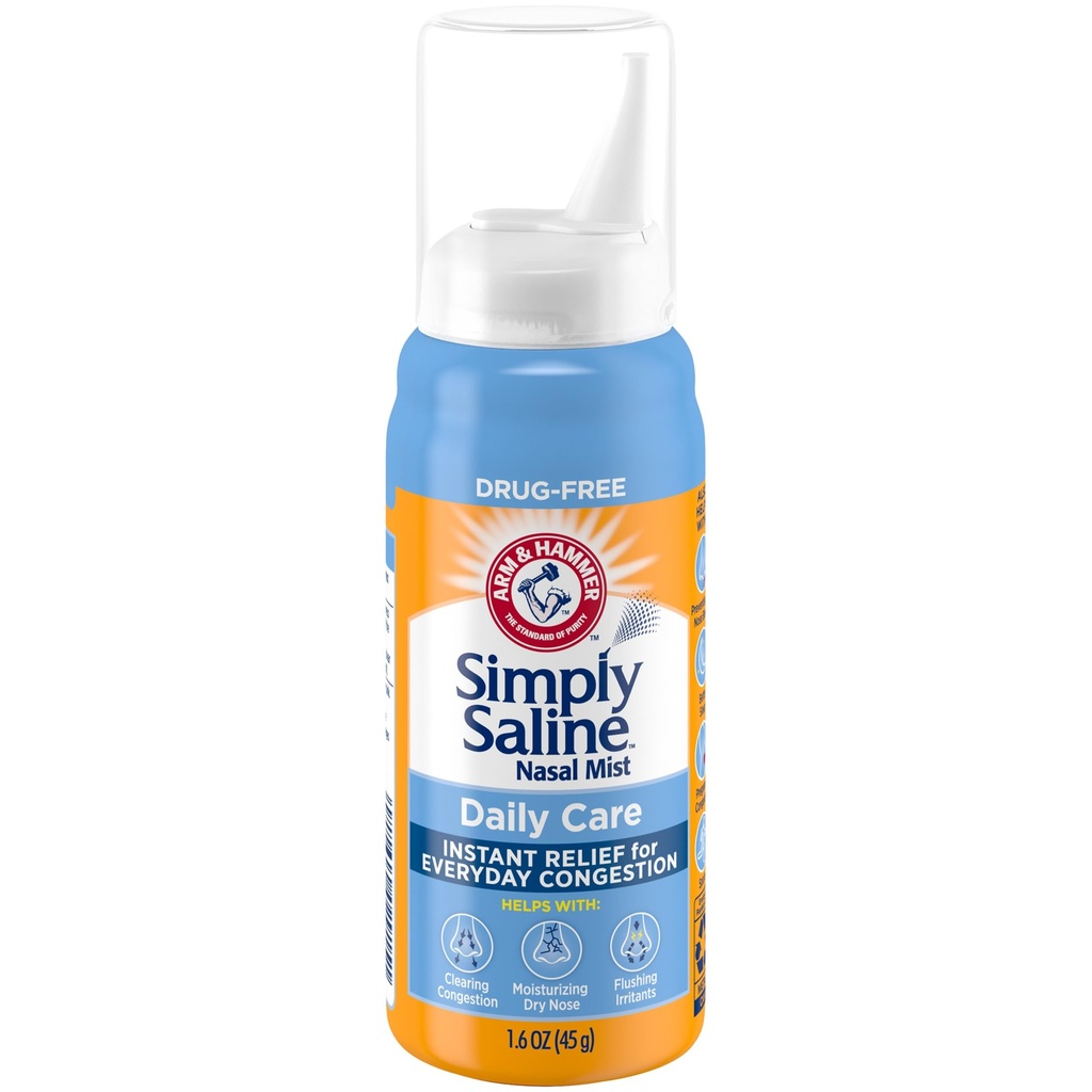 ARM & HAMMER Pur și simplu Saline Daily Care Nasal Mist, Drug-Free Saline Spray pentru Congestia Nasală Instant și Alergia Ajutor, Utilizați la fel de des ca și necesare, Potrivit pentru a utiliza dacă gravidă, 1.6 oz