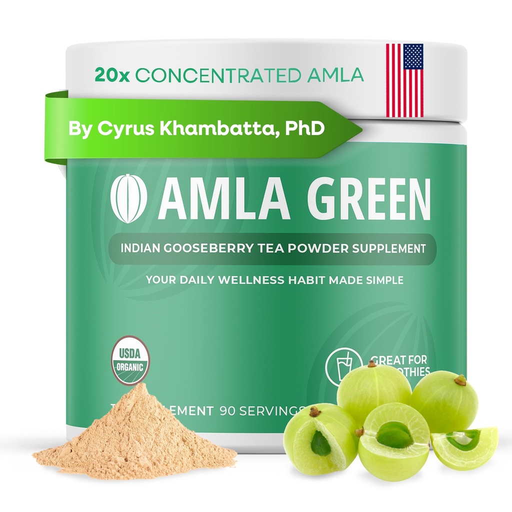Amla Powder & Green Tea Superfood Supplement, 20x Ultra concentrat Amla, suport antioxidant, Made with Oolong Tea and Indian Gooseberries, Organic, Vegan, Classic Flavor, 90 Servings