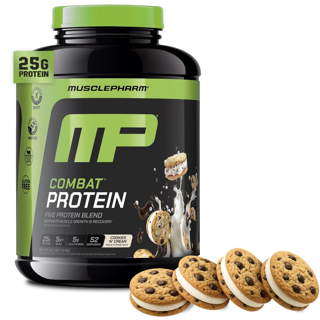 MusclePharm Combat Pudră de proteine, cookie-uri Aroma de frişcă, Combustibili musculare pentru antrenamente productive, 5 surse de proteine, inclusiv proteine de proteine Izolat & Album de ou, Gluten gratuit, 4 lb, 52 Serviri