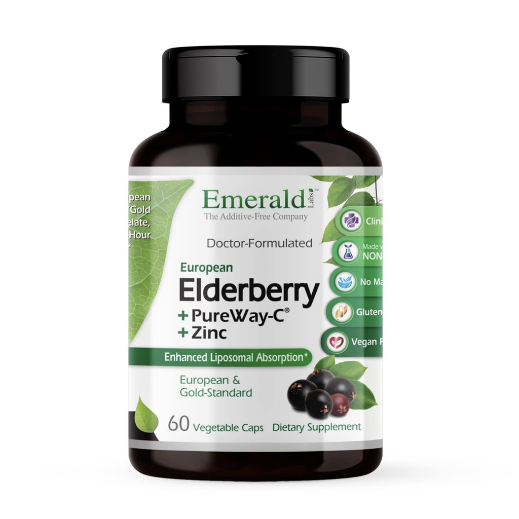 EMERALD LABS Elderberry Plus - Digestive & Immune Support with European Elderberry Extract, Vitamina C as PureWay-C & Albion Chelated Zinc - Vegan & Gluten-Free - 60 Capsule vegetale (30-Day Supply)