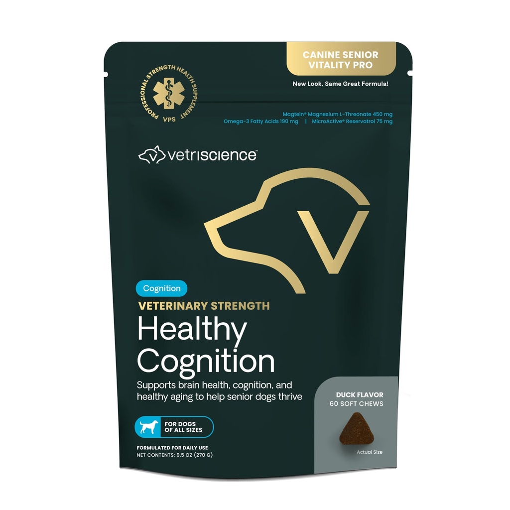 Putere veterinara VetriScience Chews cognition sanatoasa - Supliment wellness senior pentru câini - Suporturi cogniţie, Funcţie imunitară & Metabolism - 60 Conte