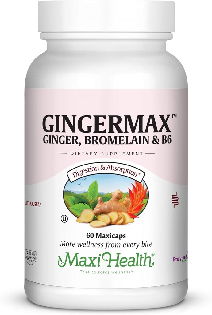 Maxi Health Gingermax - Ginger - Bromelain & Vitamina B6 - Digestion Health - 60 Capsule - Kosher