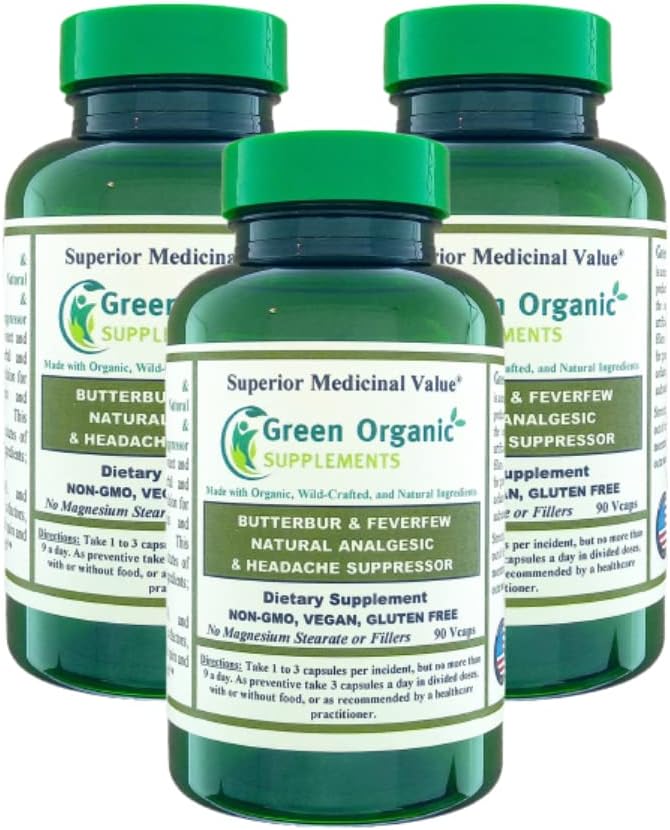 Green Organic Supplements Butterbur, Feverfearthout, Analgesic, Painkiller, & Supresor de cefalee, 90 VCaps, High Absorbable, Non-GMO, Gluten-Free (Pachet de 3)