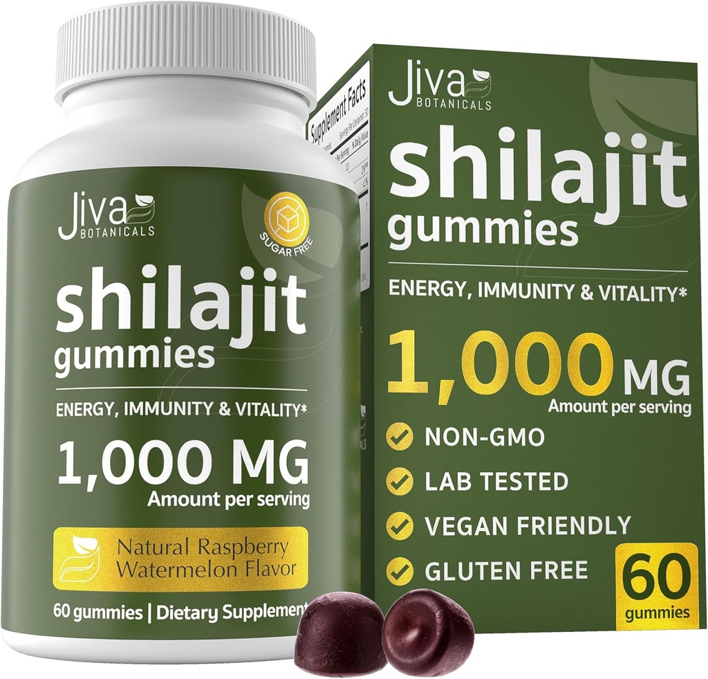 Jiva Botanicals Pure Shilajit de la Himalaya Gumiile pentru bărbaţi şi femei - Shilaj Gumies 1000mg pentru imbatranire sanatoasa, Sistemul imunitar si Suportul Normal pentru Energie - Sugar-Free, Vegan, 60 Conte (Pachet de 1)