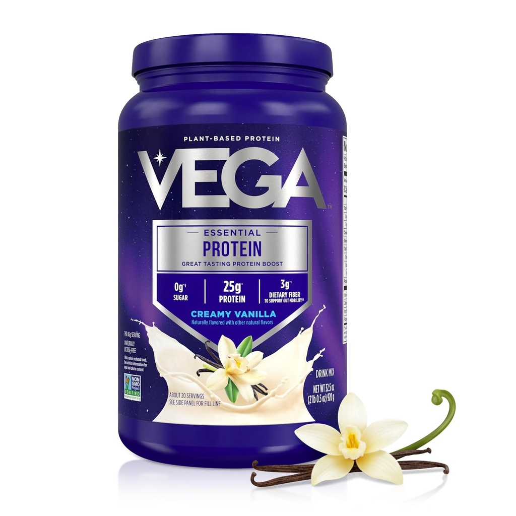 Vega Original Proteina Essentiala - 25g Proteina pe bază de plante, Creamy Vanilla, 20 Servings, Vegan Non-GMO Drink Mix, Smoothie & Shake Ready, Gluten Free, Dairy Free, 32.5oz (Packaging May Vary)