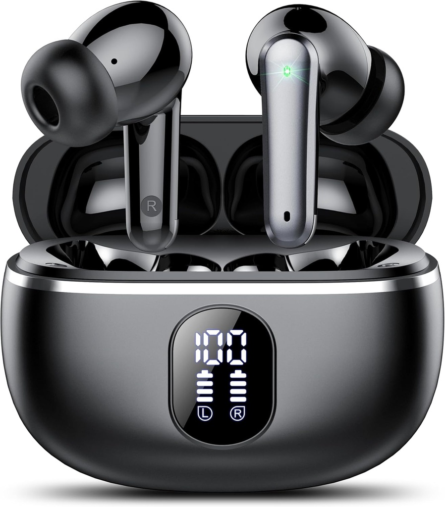 Căști wireless, Bluetooth 5.3 Căști Big Bass Stereo, Muguri urechi cu zgomot Anularea LED-uri Mic ecran, în căști de urechi IP7 impermeabile, 50H Playtime pentru sport, negru