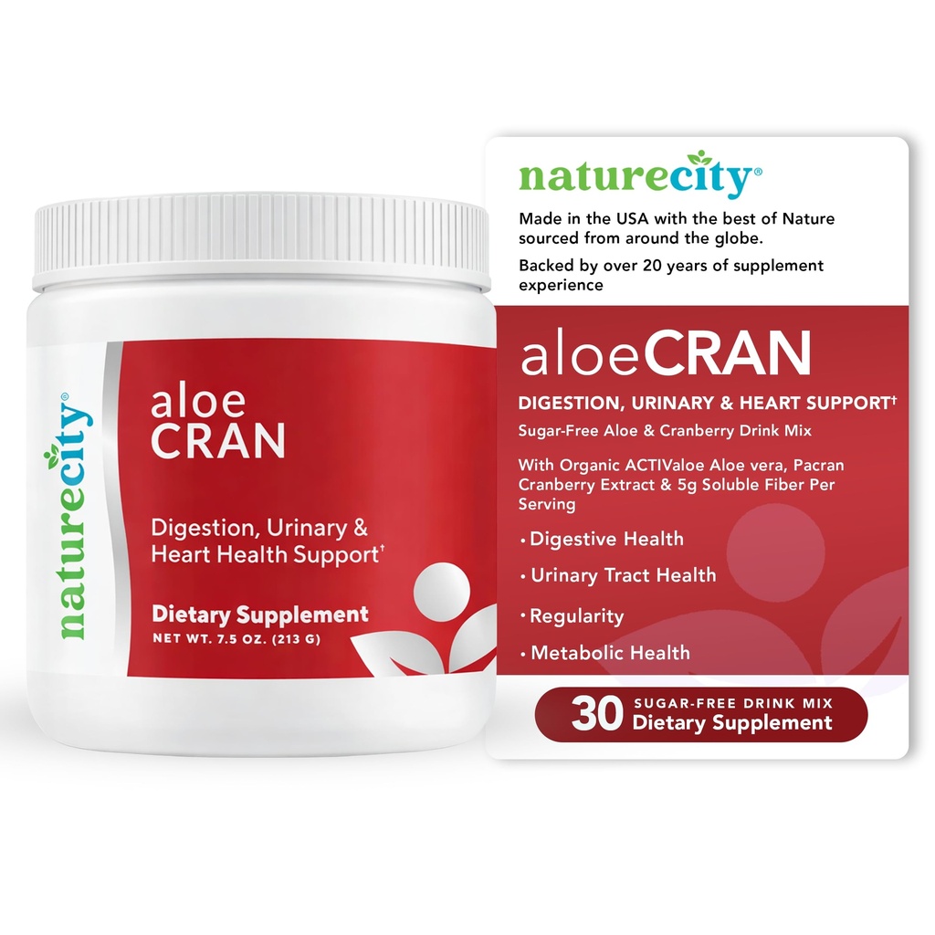 NatureCity AloeCran - Aloe pure Vera Blend cu supliment de praf de cranberry - Sugar Free Fiber Combo Mix pentru Digestive si sanatate urinara - Suport de sanatate metabolica - 30 zile de aprovizionare