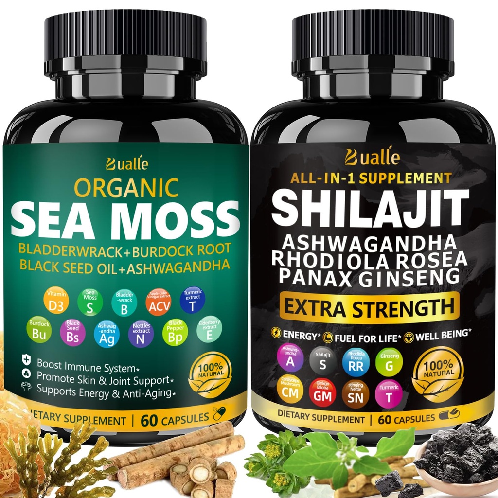 Bualle Sea Moss și Shilajit Bundle-Sea Moss 300mg, Black Seed Oil 100mg,Ashwagandha 50mg,Ginger & Shilaj 300mg,Rhodiola Rosea 100mg,Panax Ginseng 50mg,Toate în 1 Suplimente-SUA Made(2 Pack)