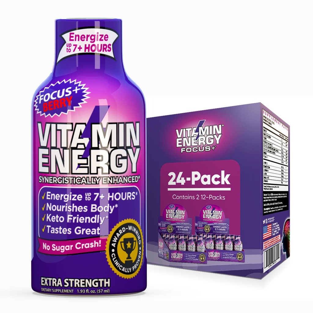Vitamin Energy Focus+ Extra Putere Energie Shot Berry 24 Pack, 260mg Natural Cafeina, B-Vitamina, CoQ10, Amino Acids, Focus, Productivitate & Clarity, Zero Zahăr, Gluten-Free, 1.93 fl oz