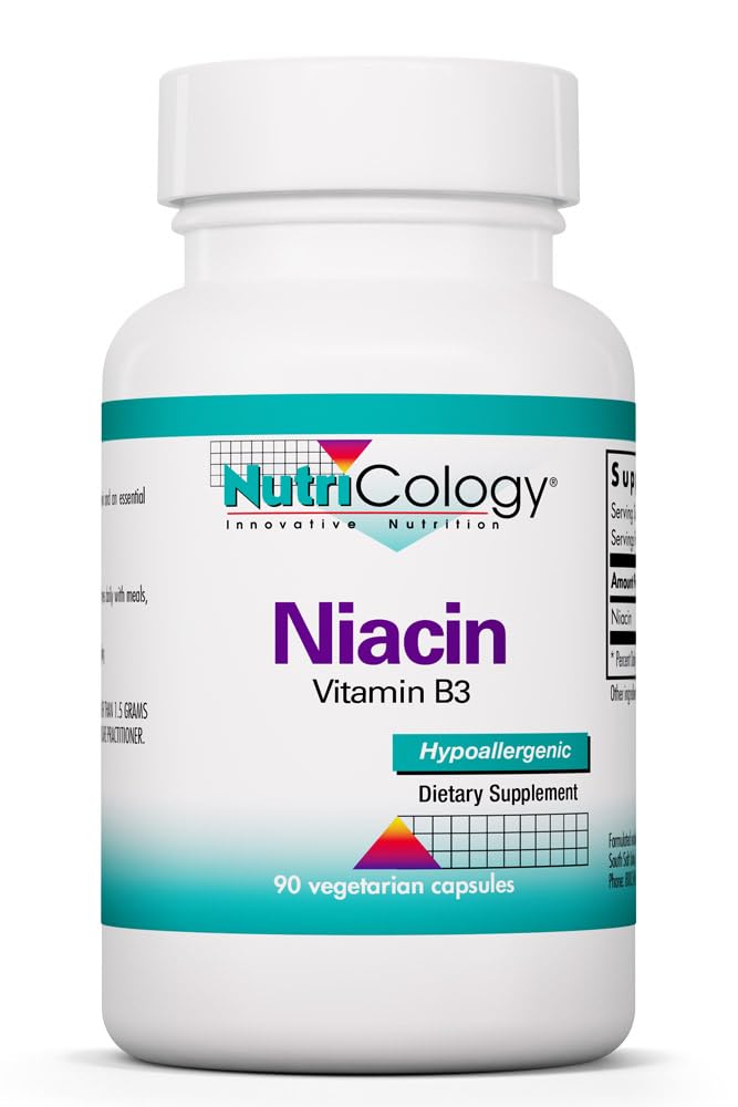 Nutricologie Niacin Supliment - Vitamina B3 pentru bărbaţi şi femei, Niacină cu culoare, Acid nicotinic, NAD, 250 mg Capsule vegetariene - 90 Conte