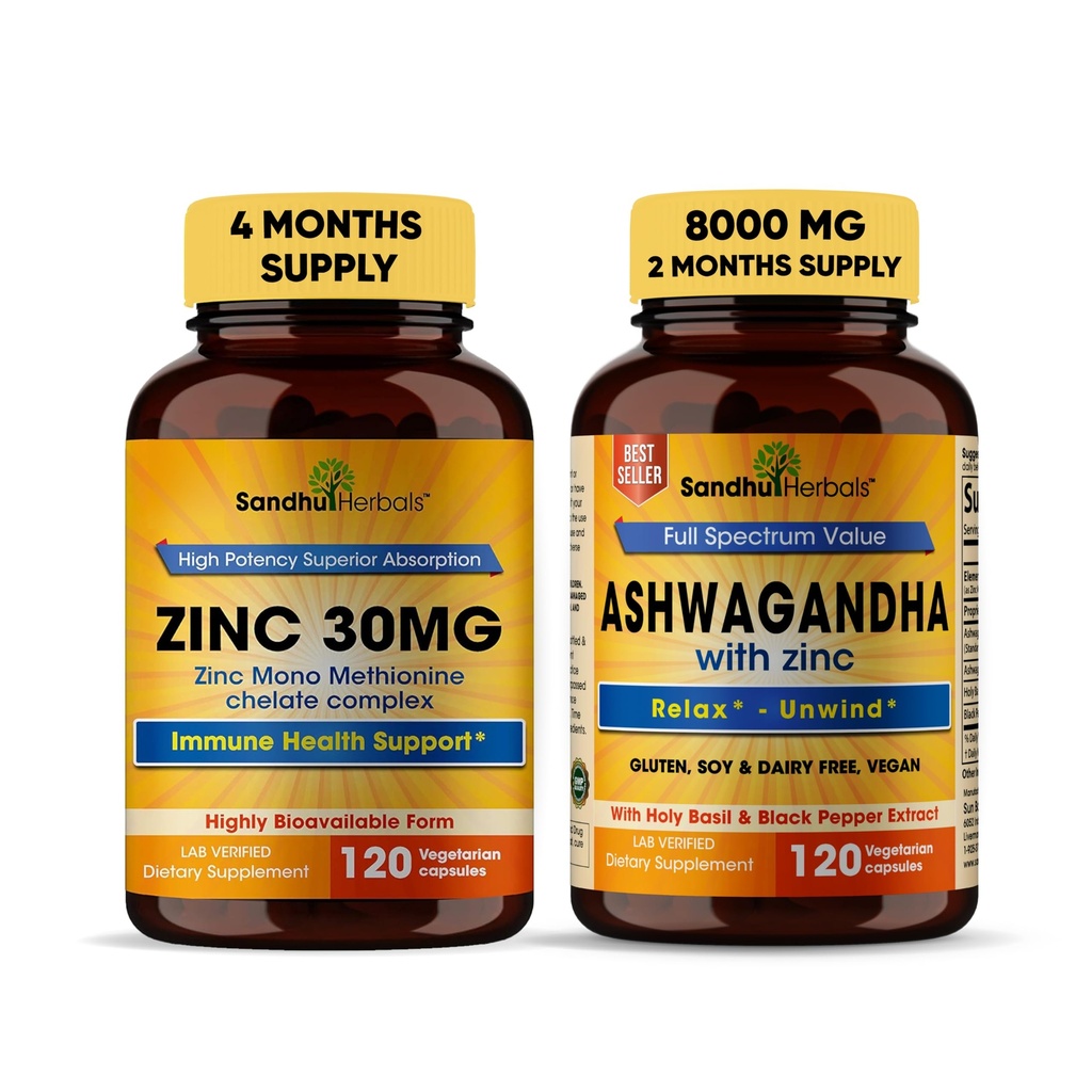 Sandhu Herbals Zinc 30 mg Supliment și Organic 4 în 1 capsule Ashwagandha cu țigări Psihologie Skin, Imun Sistem Non-GMO