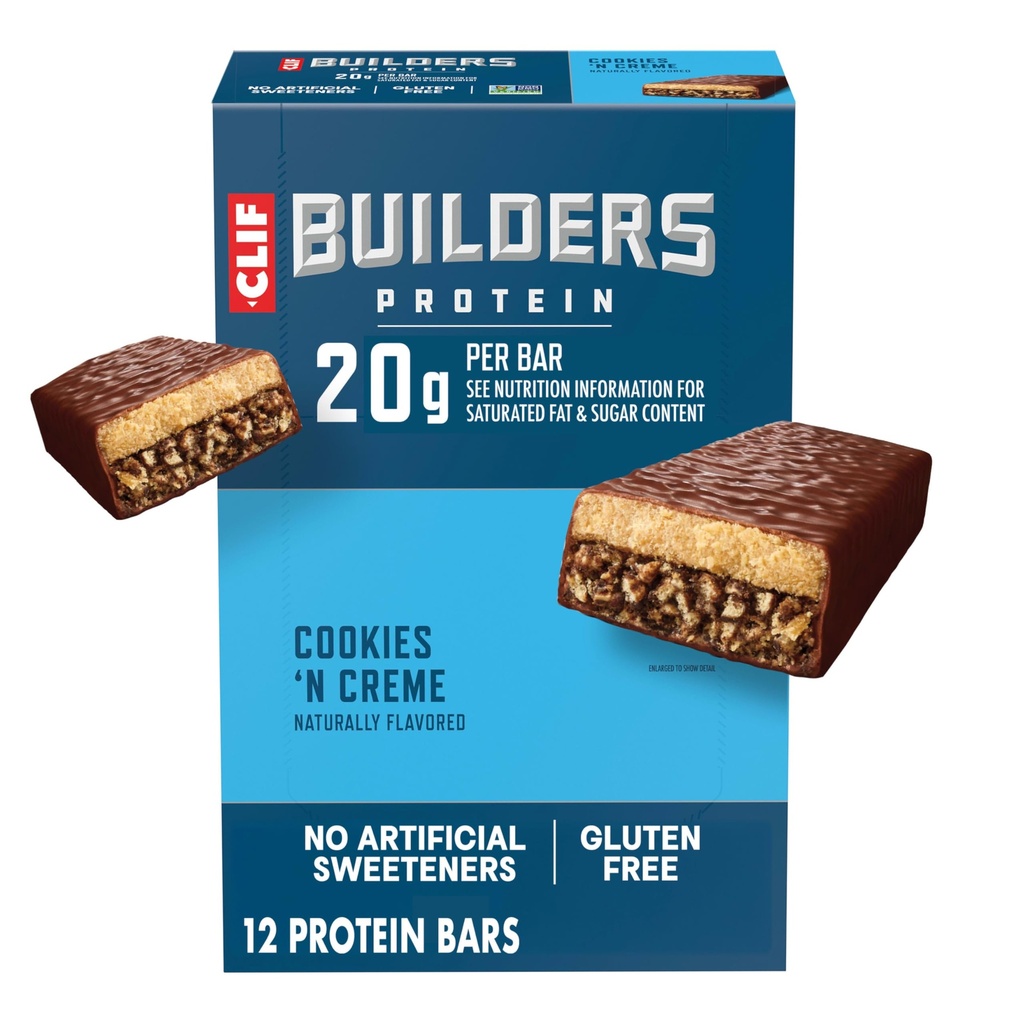 CLIF BUILDERs Baruri de proteine - cookie-uri 'n Cream Flavor - 20g Proteină pe bază de plante - Gluten gratuit - non-GMO - Glycemic scăzut - Fără îndulcitoare artificiale - 2.4 oz. (12 ambalaj)