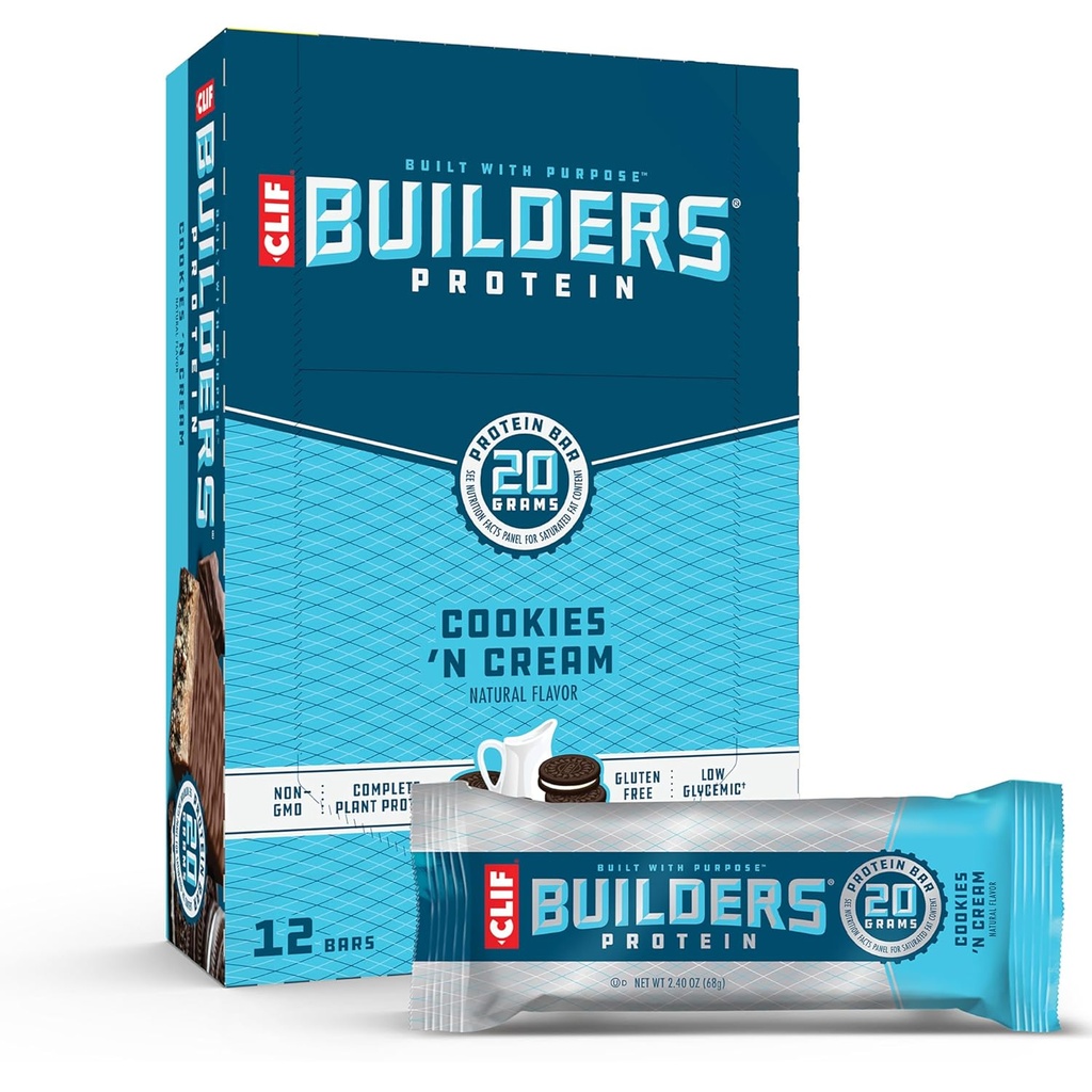 CLIF BUILDERs Baruri de proteine - cookie-uri 'n Cream Flavor - 20g Proteină pe bază de plante - Gluten gratuit - non-GMO - Glycemic scăzut - Fără îndulcitoare artificiale - 2.4 oz. (12 ambalaj)