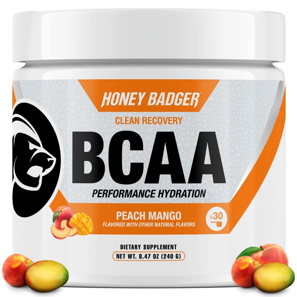 Honey Badger BCAA + EAA Aminoacids Powder, BCAAs + L-Glutamine, Keto, Vegan, Sugar Free for Men & Women, Hydration & Post Workout Muscle Recovery Drink Mix, Peach Mango, 30 Servings