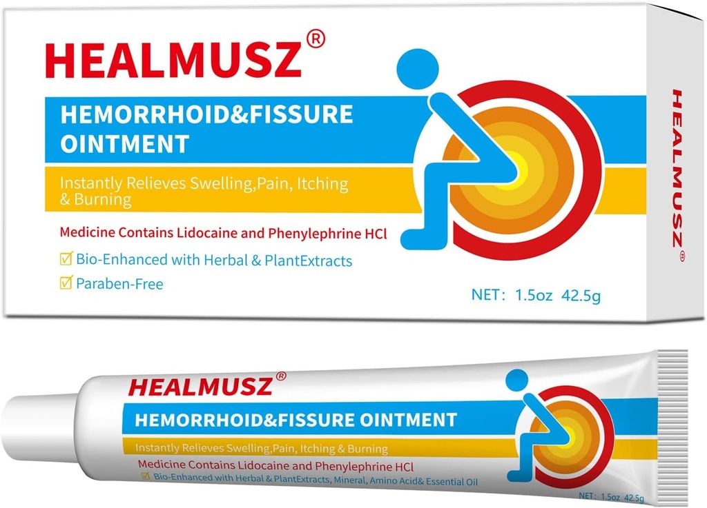 HEALMUSZ Rapid Relief Hemorrhoid Cream cu 4% Lidocaină Cream şi 0,2% Fenilephrine HCI pentru acţionarea rapidă a durerii, Umflarea, Discomfortul şi Mâncărimea (1, 5 oz)