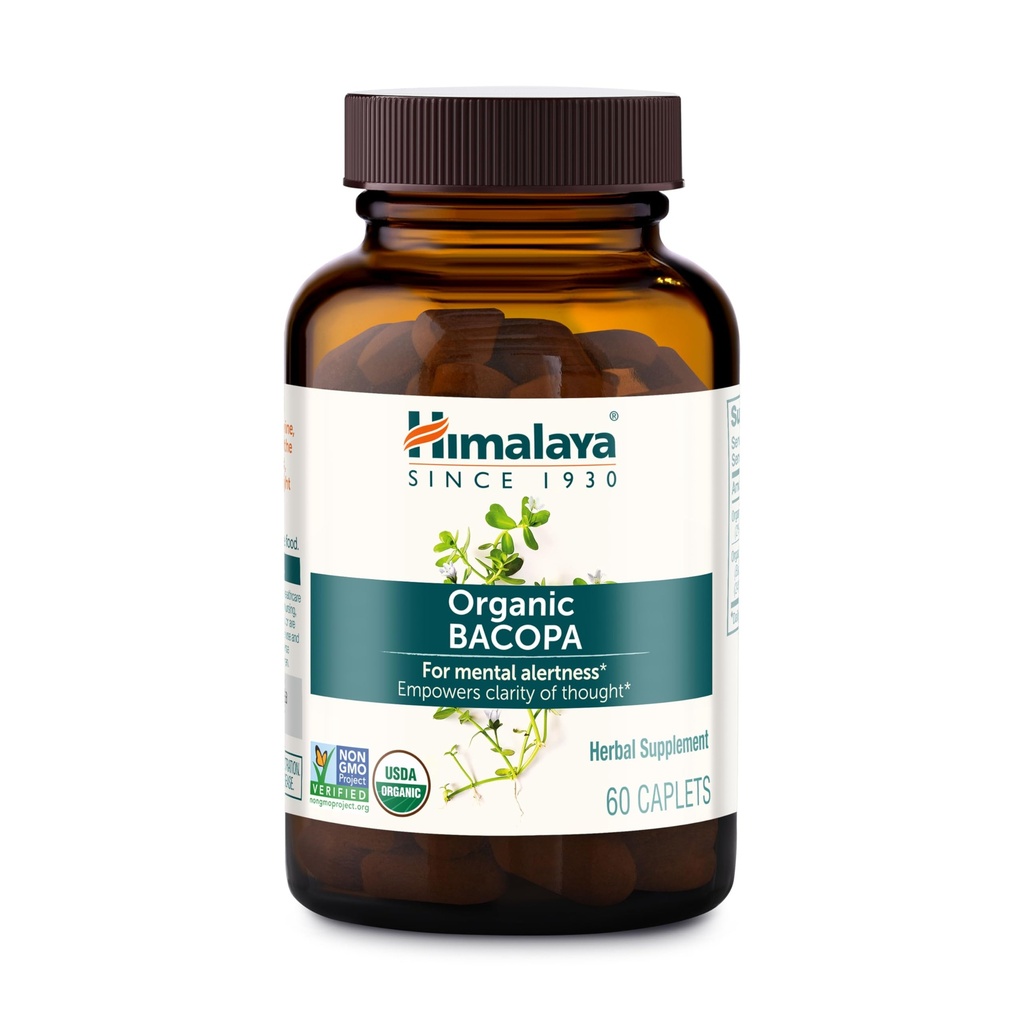 Himalaya Bacopa Monnieri Nootropic Herbal Supplement, Supplements Calm, Memory, Cognition, USDA Certified Organic, Non-GMO, 750 mg, 60 Plant-Based Caplets, 60 Day Supply