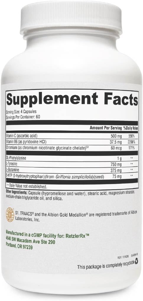 Controlul cravelor de către RetzlerRx - Suport pentru a ajuta Curb Apetit și Combat Cravings - Crom, DL-Fenilalanină, L-glutamină, vitamina B6 + 5-HTP pentru suport mood & apetit (240 capsule)