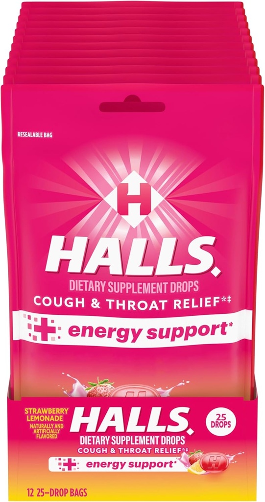 HALLS Relief + suport energetic, picături de tuse de căpșuni, 12 pungi de 25 picături (300 picături totale)