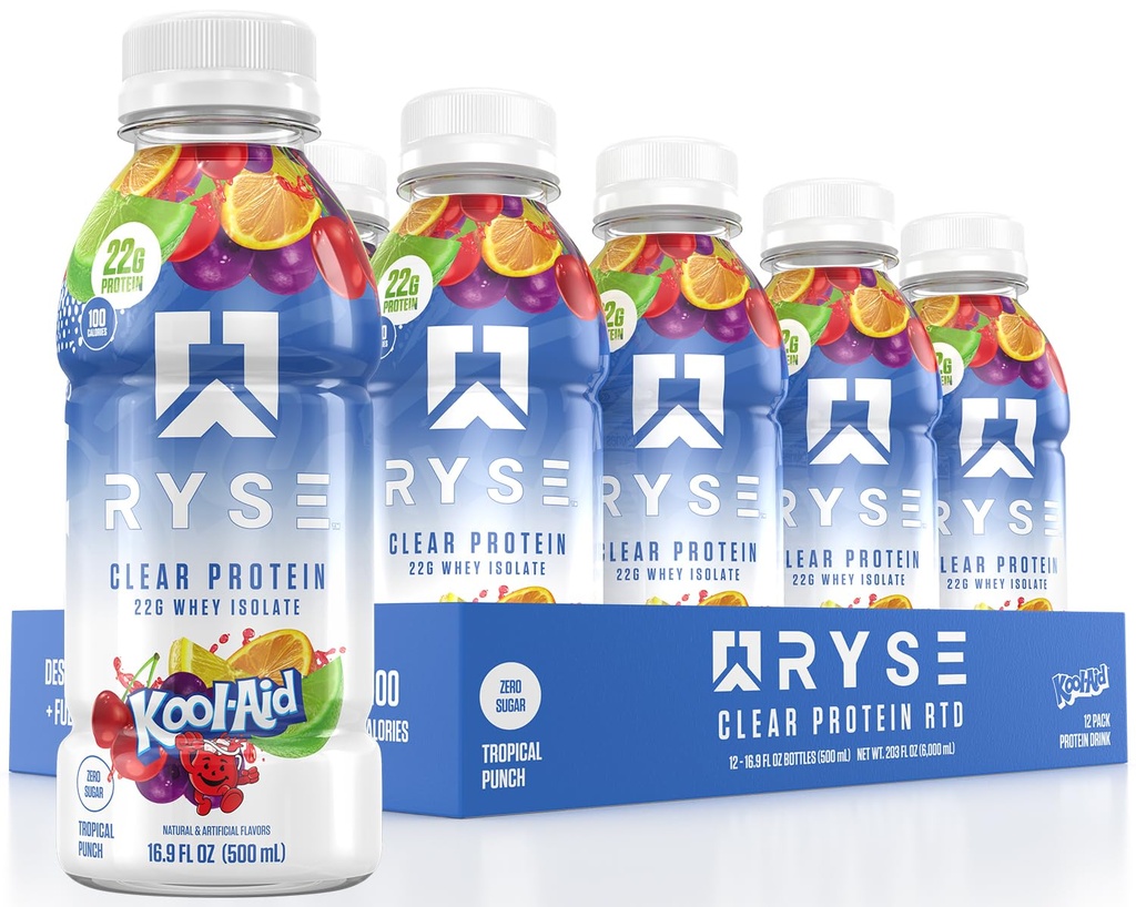 RYSE Clear Proteine Drink - Kool-Aid Tropical Punch - 100 Calorii, 22g Whey Izolate Proteine Shake, Zahăr-Free, 0g Fat & Lactoză-Free - Reîmprospătare gata de băut Beverage - 16,9 fl oz sticle (12-Pack)