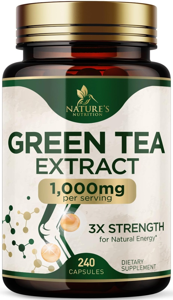 Capsule de extract de ceai verde 1000 mg - Standardizat 45% EGCG & 98% Polifenoli - 3X Putere Pastile de ceai verde pentru energie naturală - Sprijină Heart Health, Herbal Supplement, Vegan, Non-GMO - 240 capsule