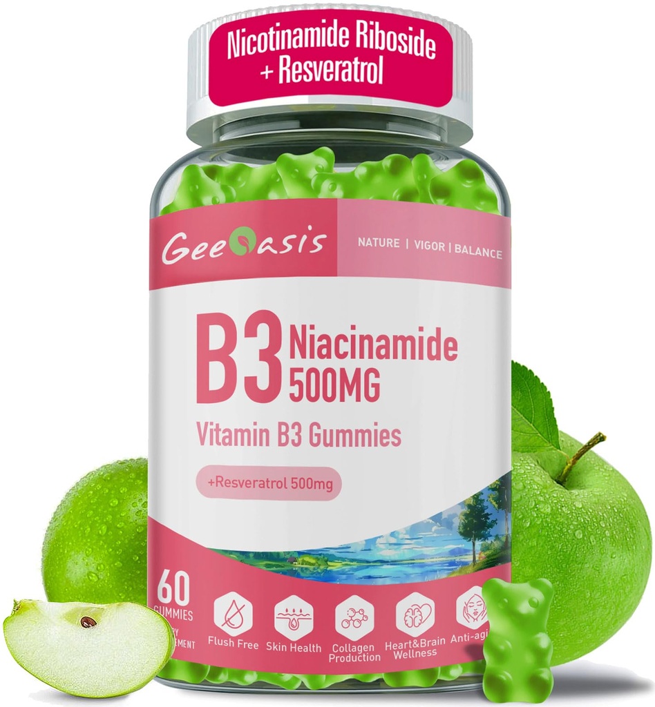 Niacinamidă 500mg Gummies, Chewable Vitamina B3 Supliment cu Resveratrol 500mg, Putere mare Niacin pentru Antioxidant, Skin & Brain Health, Immune Support, Vegan Apple Flavor, 60 Conte