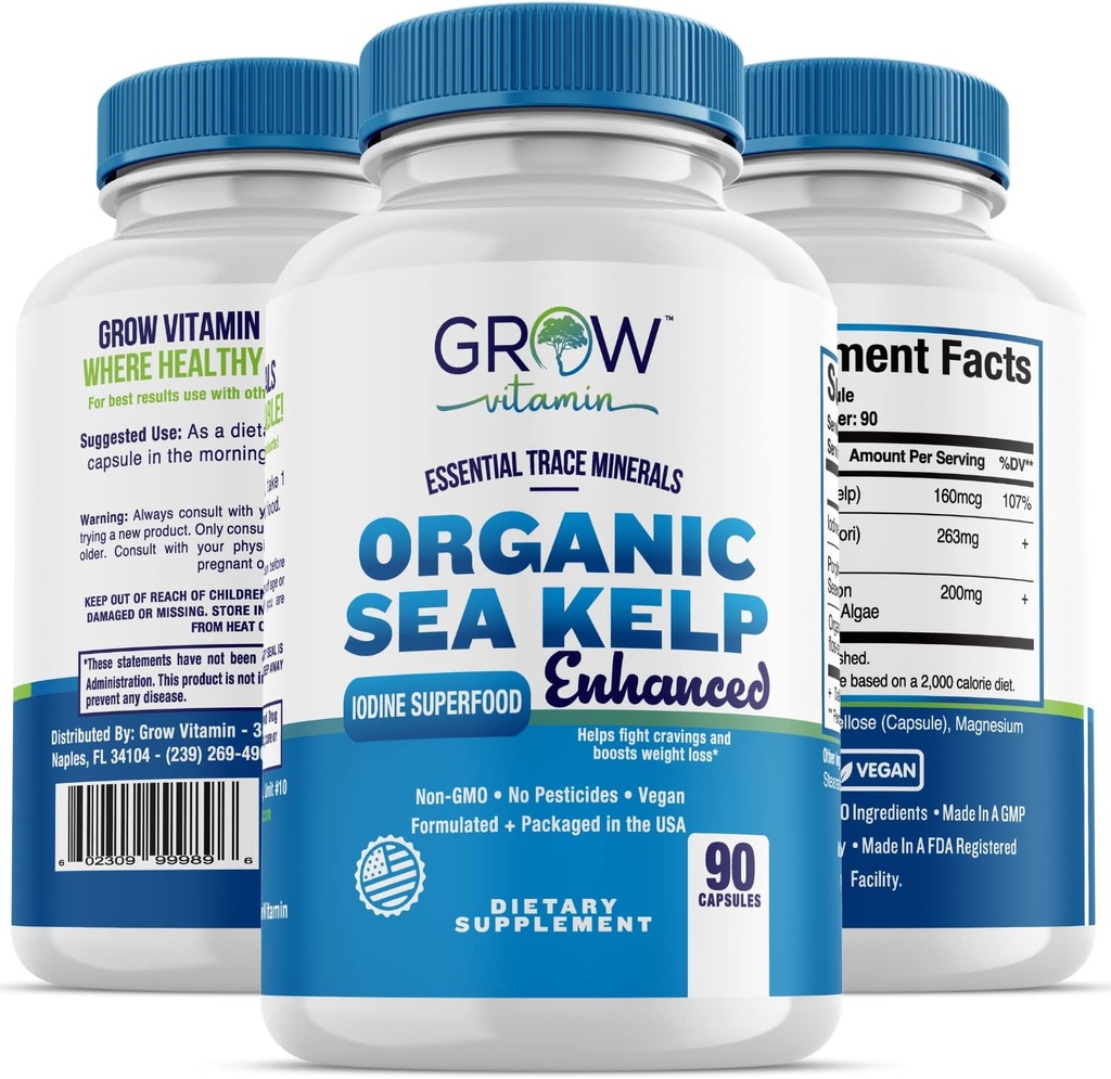 Sea organică Kelp (Icelandic) îmbunătățit - Pur sănătos suport tiroidian Suplimentul natural de iod w/Organic Sea Kelp, albastru-verzui Algae & Red Algae - Sistem imunitar și suport metabolic - 90 capsule