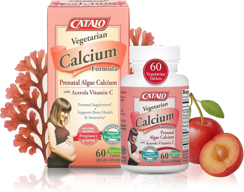 CATALO Vegetarian Calciu Formula, Plant-Based Red Algae Calciu cu vitamina C naturale, Ușor de digest, Minerale-Rich pentru nutriție în fiecare zi, Ideal pentru Sarcina și Alăptarea - 90 comprimate