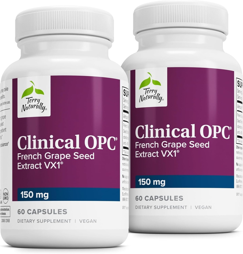 Terry Natural Clinic OPC - Cardiovascal Health & Focus Supplement - Supliment alimentar cu extract de semințe de struguri și lecitină - Suport imun - 150 mg, 60 Softgels (Pachet de 2)