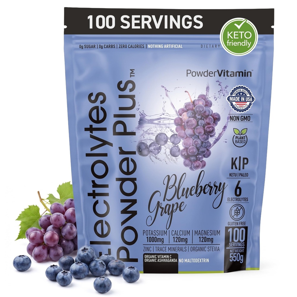 Electroliti pulbere Plus (100 Servings) Blueberry struguri Electrolit pulbere Zahăr, Keto, 0 Zahăr, Nu Maltodextrin, 1000mg Potasiu, 120mg Calciu,120mg Magneziu, Hidratare