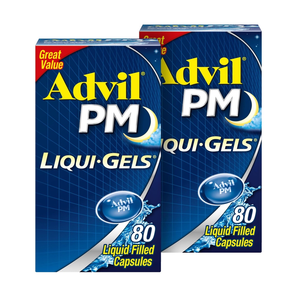 Advil PM Liqui-Gels Pain Relieiver and Nighttime Sleep Aid, Pain Medicine with Ibuprofen for Pain Relief and Difenhidramine HCL for a Sleep Aid - 2x80 Liquid Filled Capsules