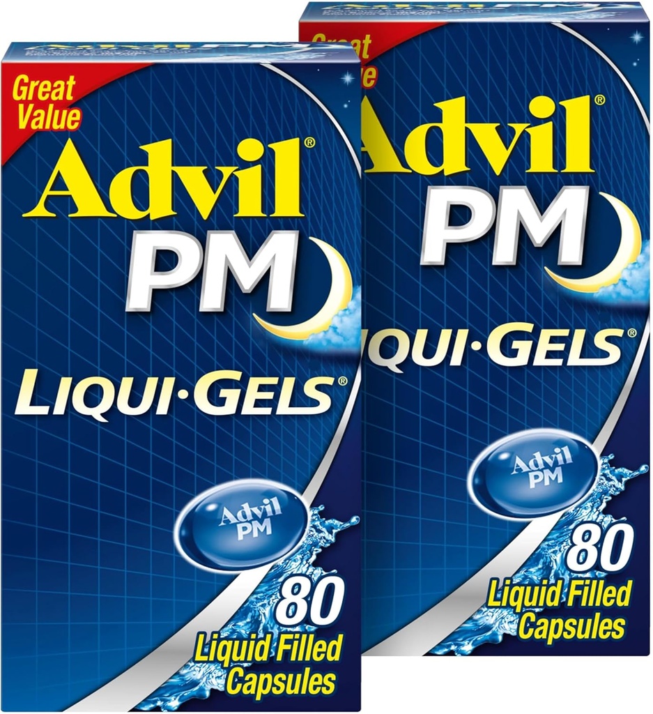 Advil PM Liqui-Gels Pain Relieiver and Nighttime Sleep Aid, Pain Medicine with Ibuprofen for Pain Relief and Difenhidramine HCL for a Sleep Aid - 2x80 Liquid Filled Capsules