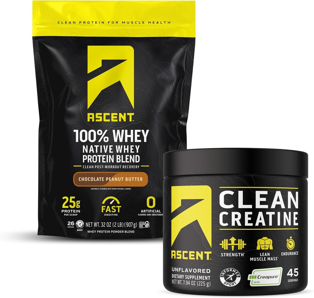 Ascensiune 100% Whey Pulbere de proteine, Unt de arahide de ciocolată 2 lb și Creatină Pulbere monohidrat, 45 Serviri nearomatizate