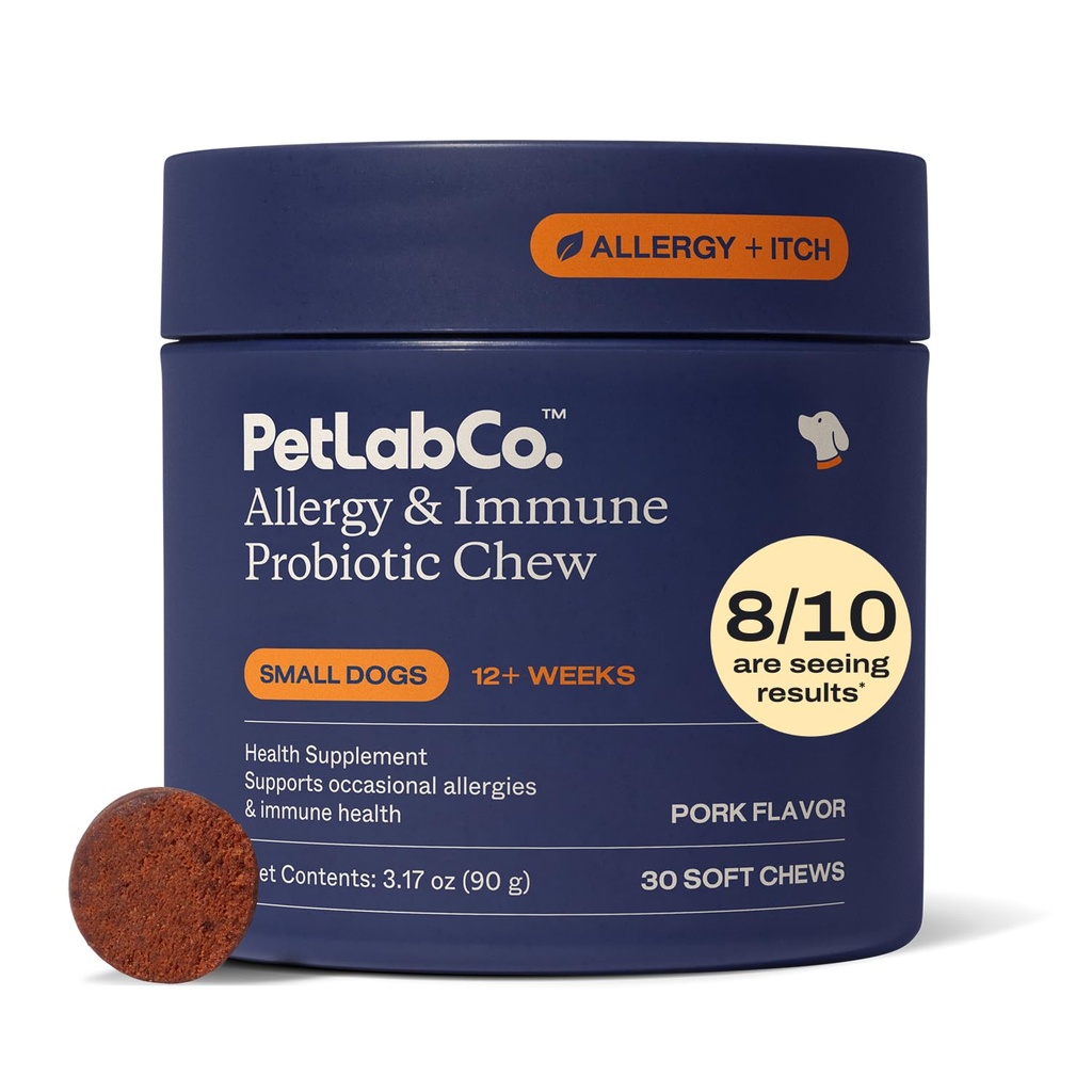 PetLab Co. Alergie & Immune Probiotice zilnice pentru câini. Sprijină producția de duri, alergii sezoniere, mâncărime intermitentă, sănătate gut & digestivă - 30 Chews pentru câini mici - ambalare mai Vary