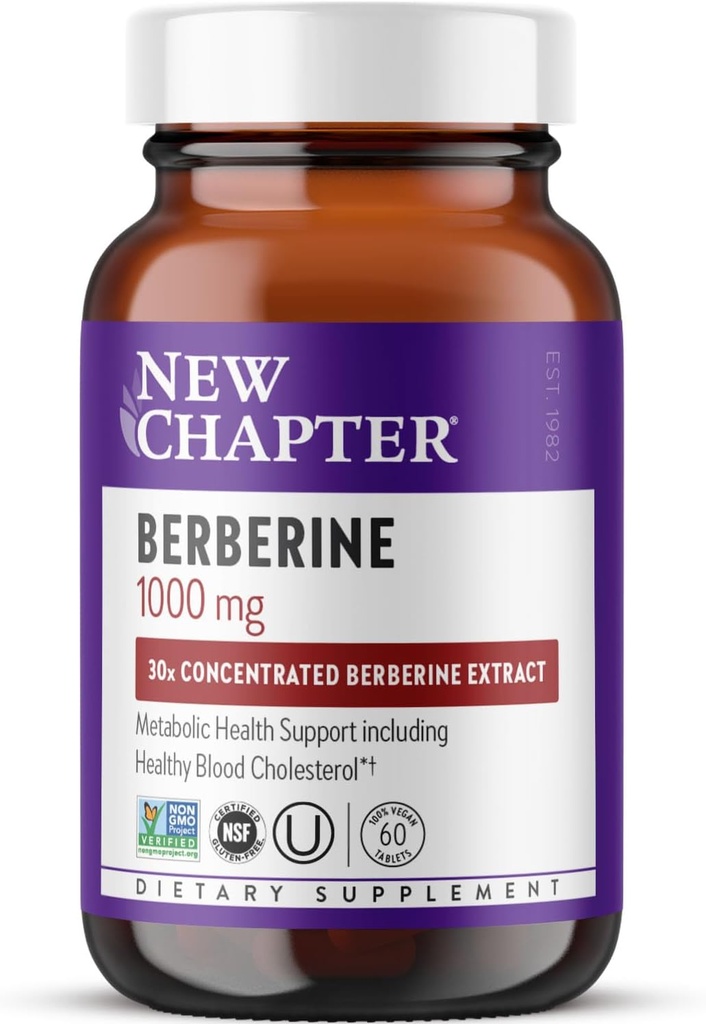 New Chapter Berberine Supplement - Super-Potent Berberine 1000 mg, 30x Concentrated Indian Barberry Extract to Support Metabolic Health + Heart Health + Glucose Support, Vegan, Gluten Free, 60 Count