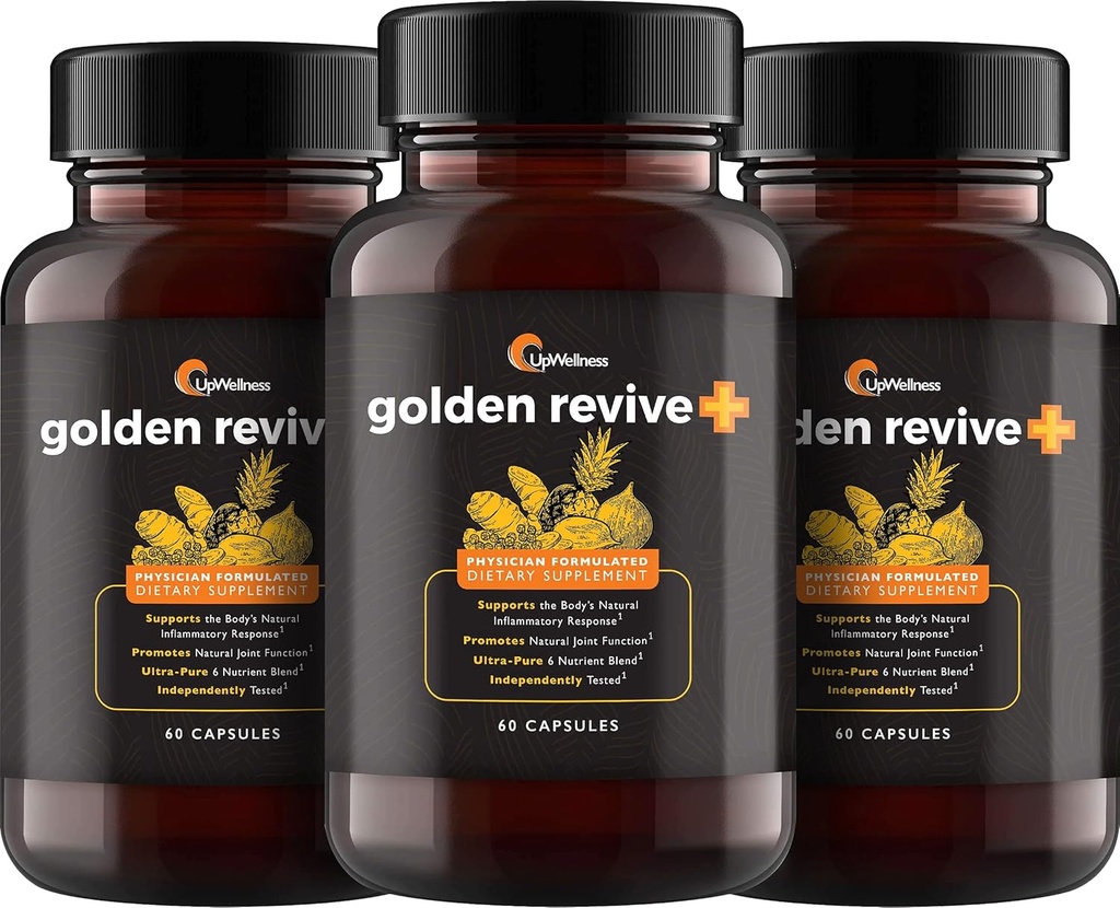 UpWellness Golden Revive + Supliment de sprijin comun cu Turmeric cu Pepper negru, Querbetin, și Magneziu- Turmeric Boswellia Supliment - 6 Ingrediente active - 60 capsule, 3 ambalaj