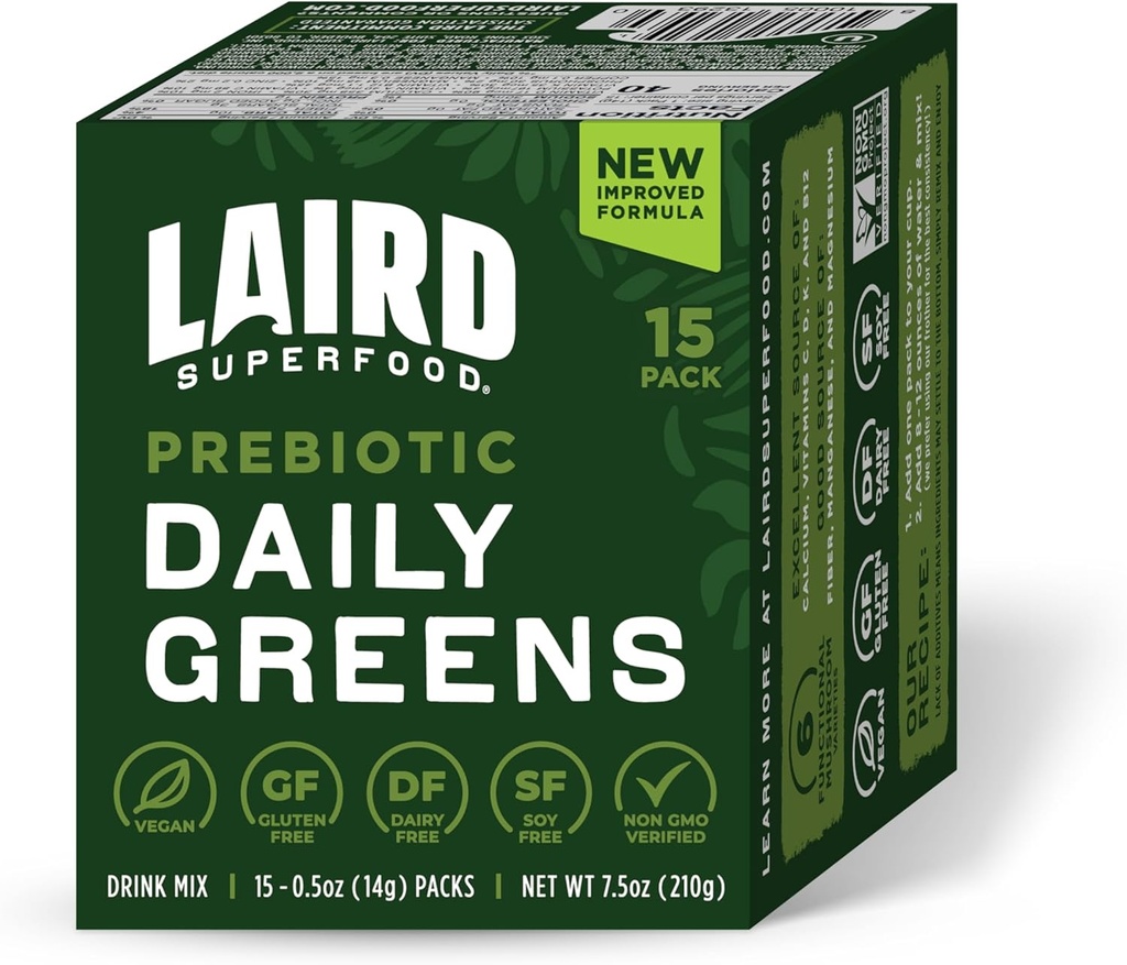 Laird Superfood Prebiotic Daily Greens Powder - Pachet de 15 Sachete de unică servire - Vitamine esenţiale şi minerale - Fibră, Adaptogen & fructe, 