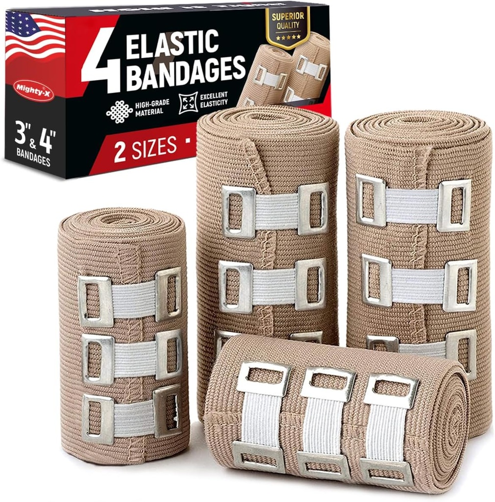 Premium Bandage Wrap - 4pk (2x3in, 2x4in) + 12 Clipuri suplimentare - Bandaj de compresie puternic Wrap pentru încheieturi, glezna, picioare și genunchi