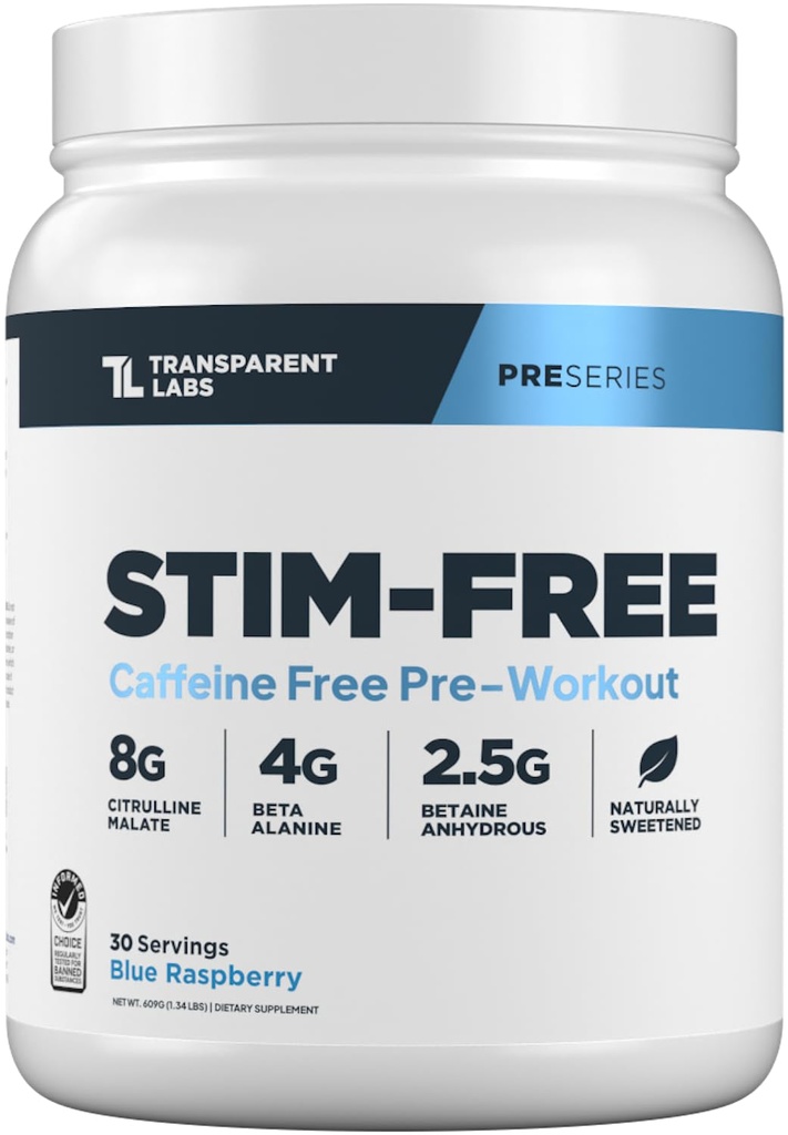 Labs Transparent Stim-Free Pre-workout - Cafeina & Stim Free Pre Workout Pulbere pentru bărbați și femei cu Beta Alanine Powder, Citrulline Malate, & elevaTP - 30 Serviri, Blue Raspberry