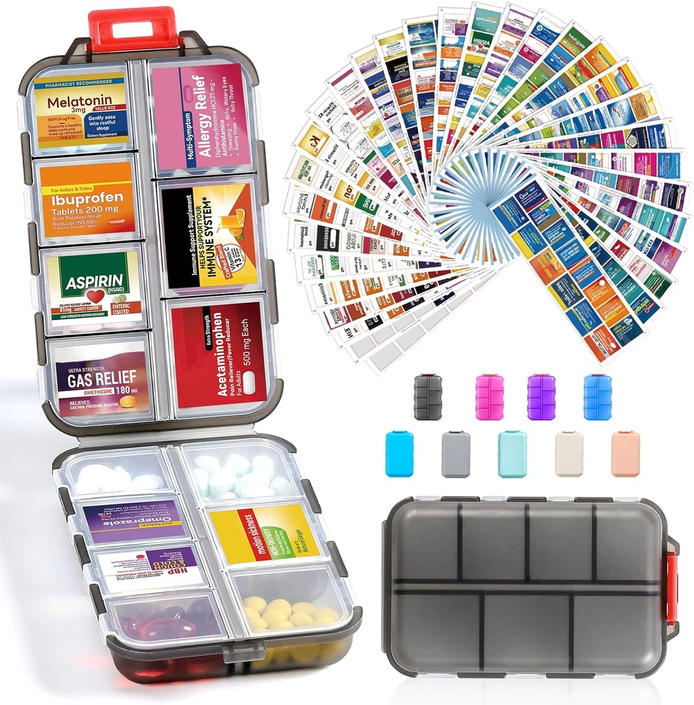 14 Grids Travel Pill Organizator Box cu 415-Pcs Medicamente Nume Etichete - Pocket Daily Pharmacy Case Kit - Deținătorul de medicamente de călătorie Distribuitor pentru ulei de pește Suplimentul de stocare - Grey curat