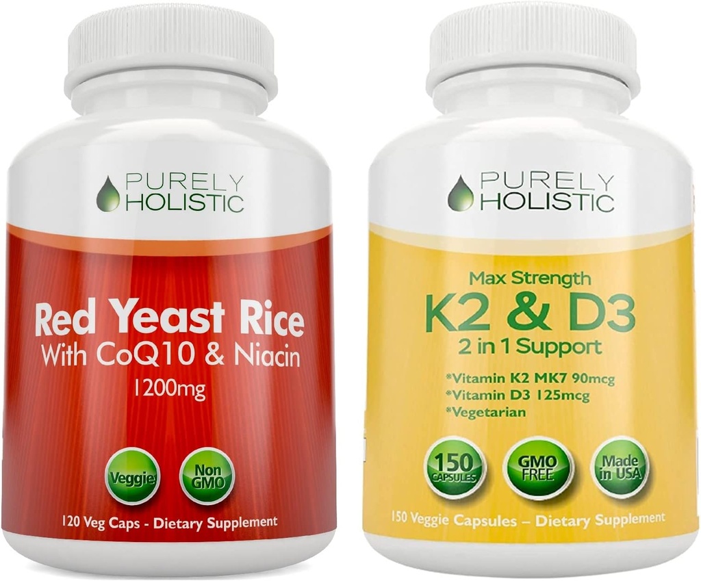 Pur Holistic Red Yeast Rice 1200mg cu CoQ10 & Niacin + Vitamina D3 5000 UI (125mcg) & K2 MK7 90mcg Bundle - 270 Capsule vegetariane - Made in USA