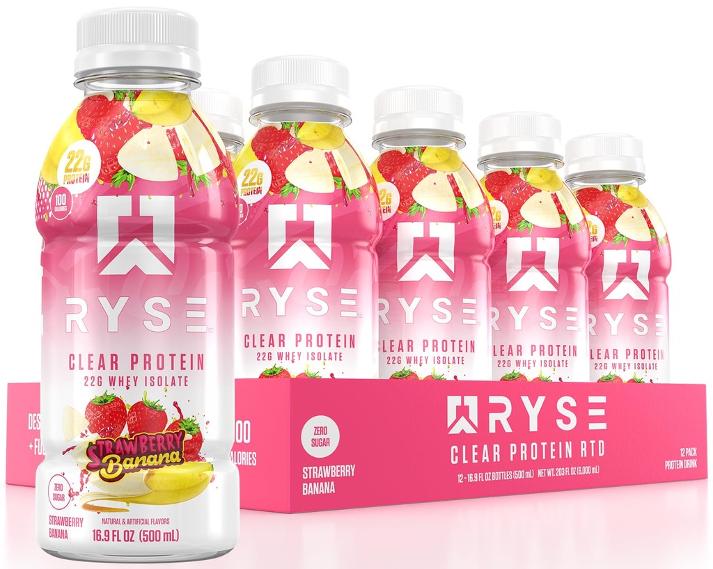 RYSE Clear Proteine Drink - Strawberry Banana - 100 Calorii, 22g Whey Izolate Proteine Shake, Zahăr-Free, 0g Fat & Lactoză-Free - Reîmprospătare gata-la-Drink Beverage - 16,9 fl oz Sticle (12-Pack)