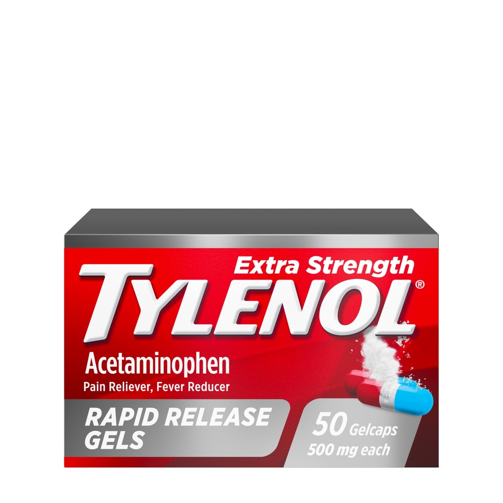 Tylenol Extra Force Acetaminofen Rapid Release Gels, Extra Force Pain Reliever & Fever Reductor, Gelcaps with Laser-Darkling Holes, 500 mg Acetaminofen, 50 ct