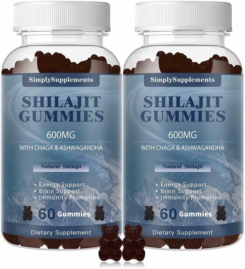 Silajit Gummies 600mg, Silajit Supliment cu Trace Minerale & Acidul pelvian pentru Energie şi Suportul Imunităţii, Organic Shilaj Resin pentru Bărbaţi şi Femei, Vegan, 60 Gume (2 ambalaj)