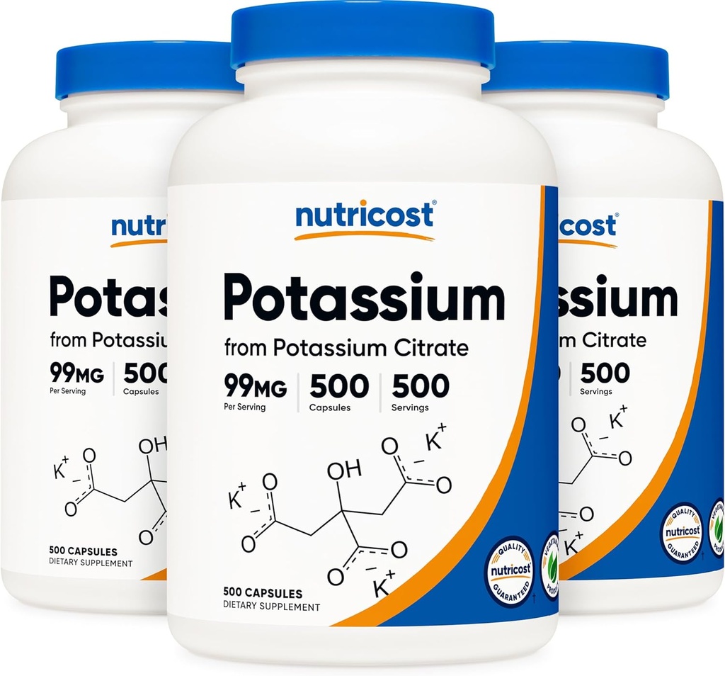 Nutricost Citrat de potasiu 99mg, 500 capsule (3 flacoane)