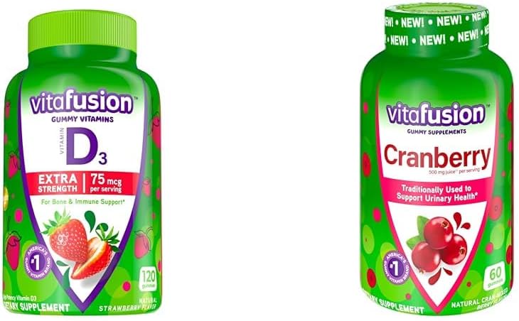 Vitafusion Extra Putere Vitamina D3 Gummy Căpșuni Aromă de Os și Suport Imun (120 Count) + Gume de Afine pentru Femei Asistenta de sanatate urinara (60 Conte)