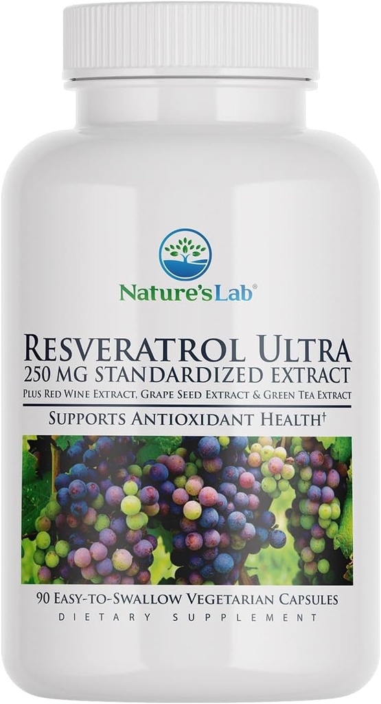 Nature's Lab Resveratrol Ultra - Antioxidant Supliment* - 250 mg Trans-Resveratrol, Red Wine Extract, Green Ceai Extract- non-GMO, Gluten Free, Vegan 90 Count (3 Luna de aprovizionare)