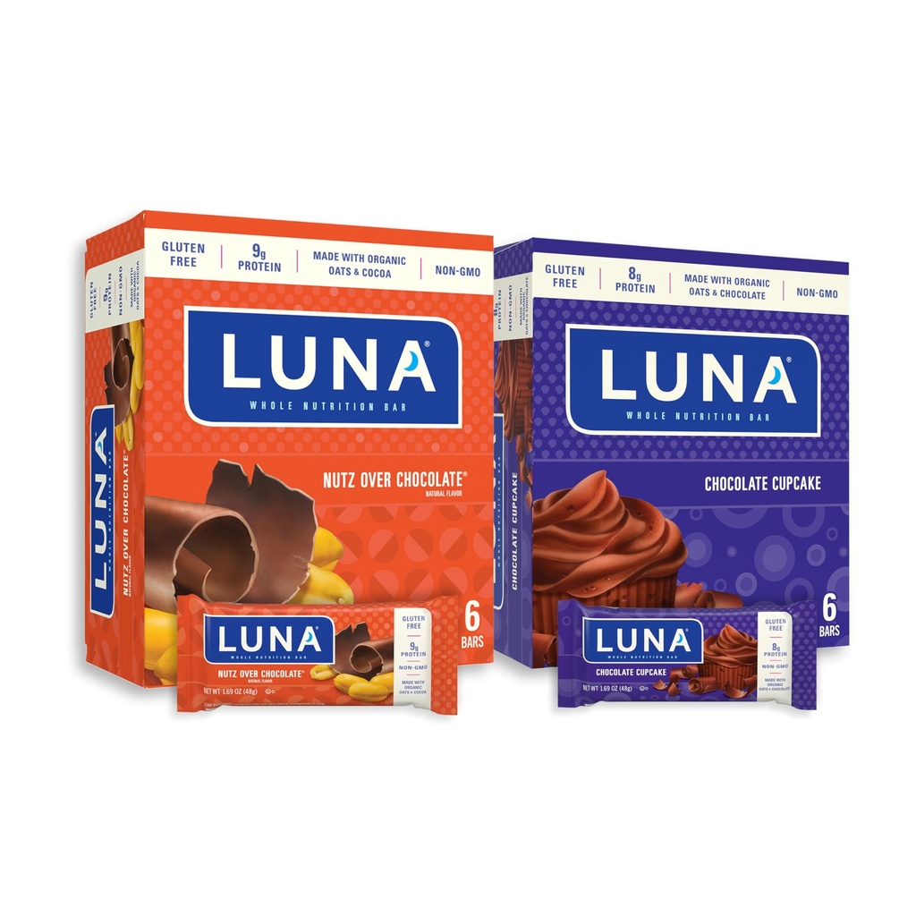 LUNA Bar - Variety Pack - Nutz Over Chocolate and Chocolate Cupcake Flavor - Snack Bars - Non-GMO - Gluten-Free Proteine Bars - Made with Organic Oats (12 Pack, 2 Boxes)