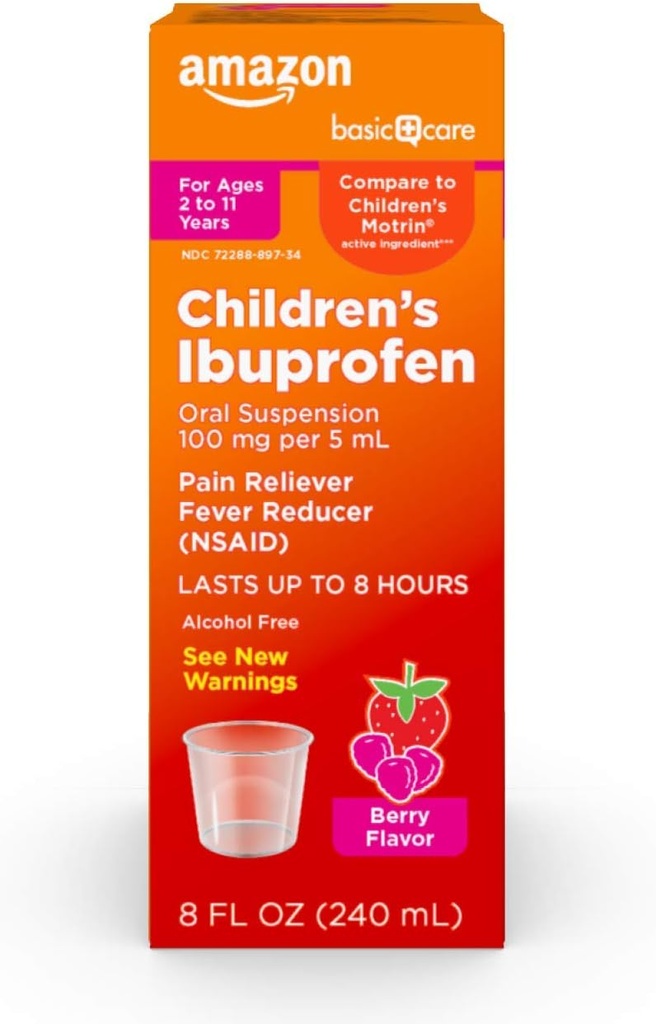 Îngrijire de bază pentru copii Ibuprofen Suspensie orală, 100 mg per 5 ml, Reliever durere și Reductor de febră, Aroma de Berry, Pentru Sore Throat, Relief de cap și mai mult, 8 fl oz (Pachet de 1)