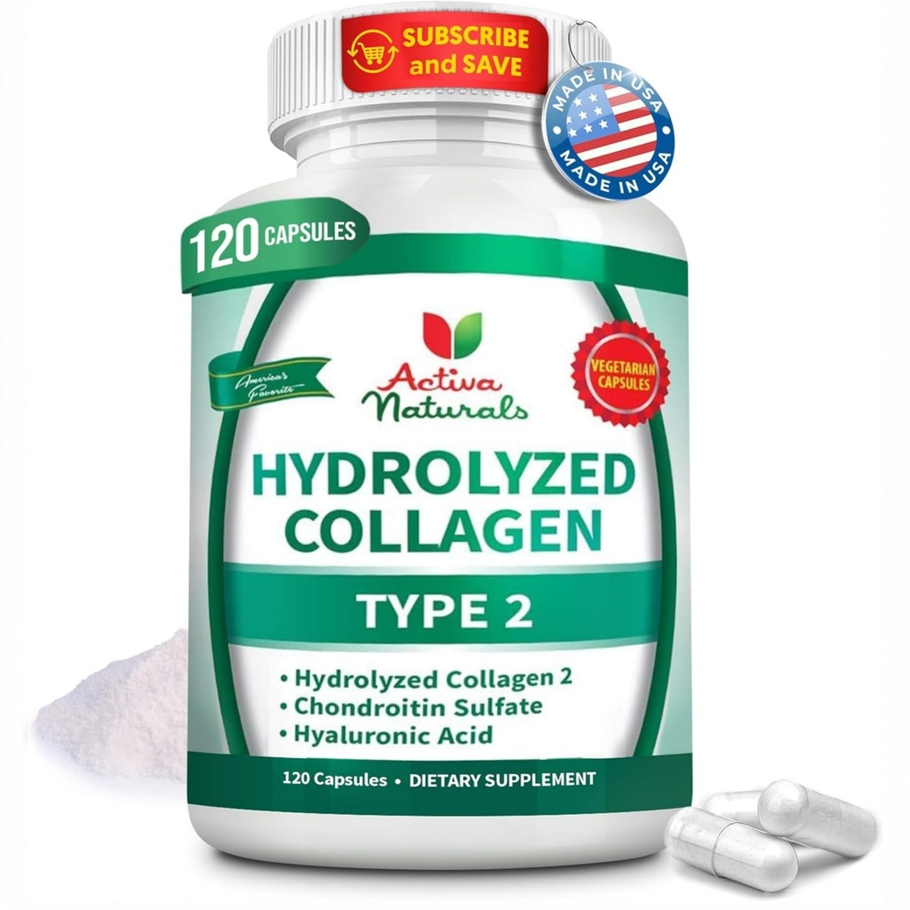 Colagen tip 2 supliment hidrolizat cu Chondroitin și hialuronic, pentru păr sănătos, piele și unghii, fără file, aditivi, și fără culori artificiale - 120 capsule vegetariene