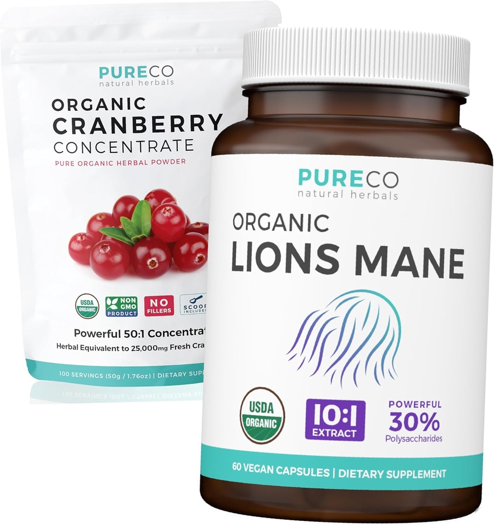 Cranberry Powder & Lions Mane (1-Month Supply) Mindful Cranberry Bundle of Organic Cranberry Concentrat Powder 50:1 Extract (100 Scoops) & Organic Lions Mane Mushroom 10:1 Extract (60 Caps)